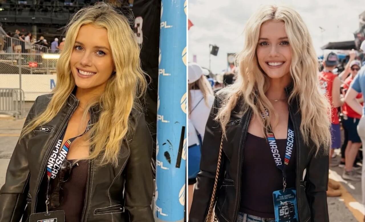 Lindsay Brewer in leather jacket and denim at Daytona 500, posing trackside with celebratory energy.