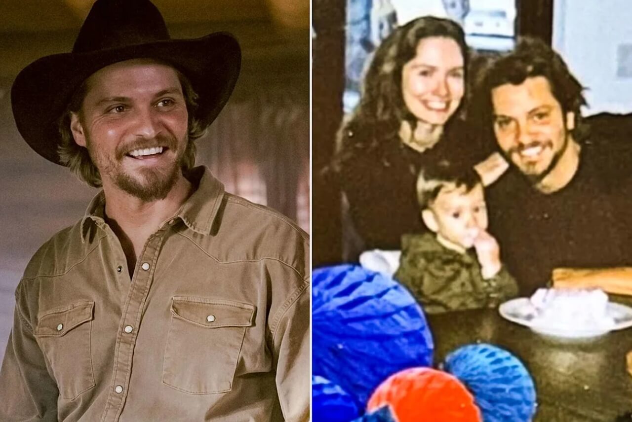 Luke Grimes with wife Bianca and their son, laughing at his cowboy hat.