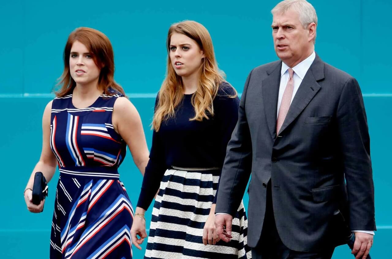Princess Beatrice and Princess Eugenie attending a royal event together, showing solidarity amid family turmoil.