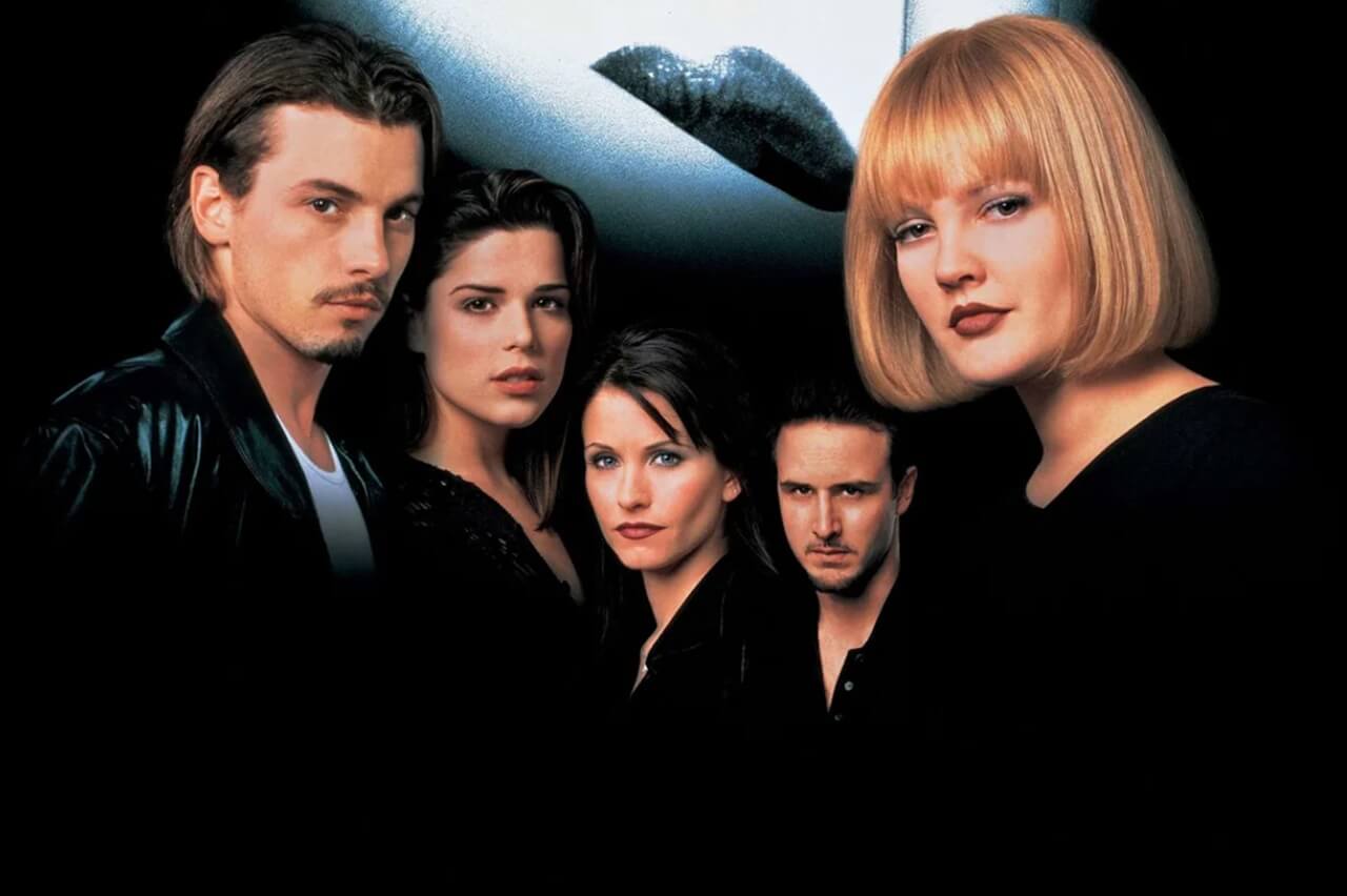 Original Scream cast then and now, featuring Neve Campbell, Drew Barrymore, Courteney Cox, David Arquette, and Matthew Lillard.