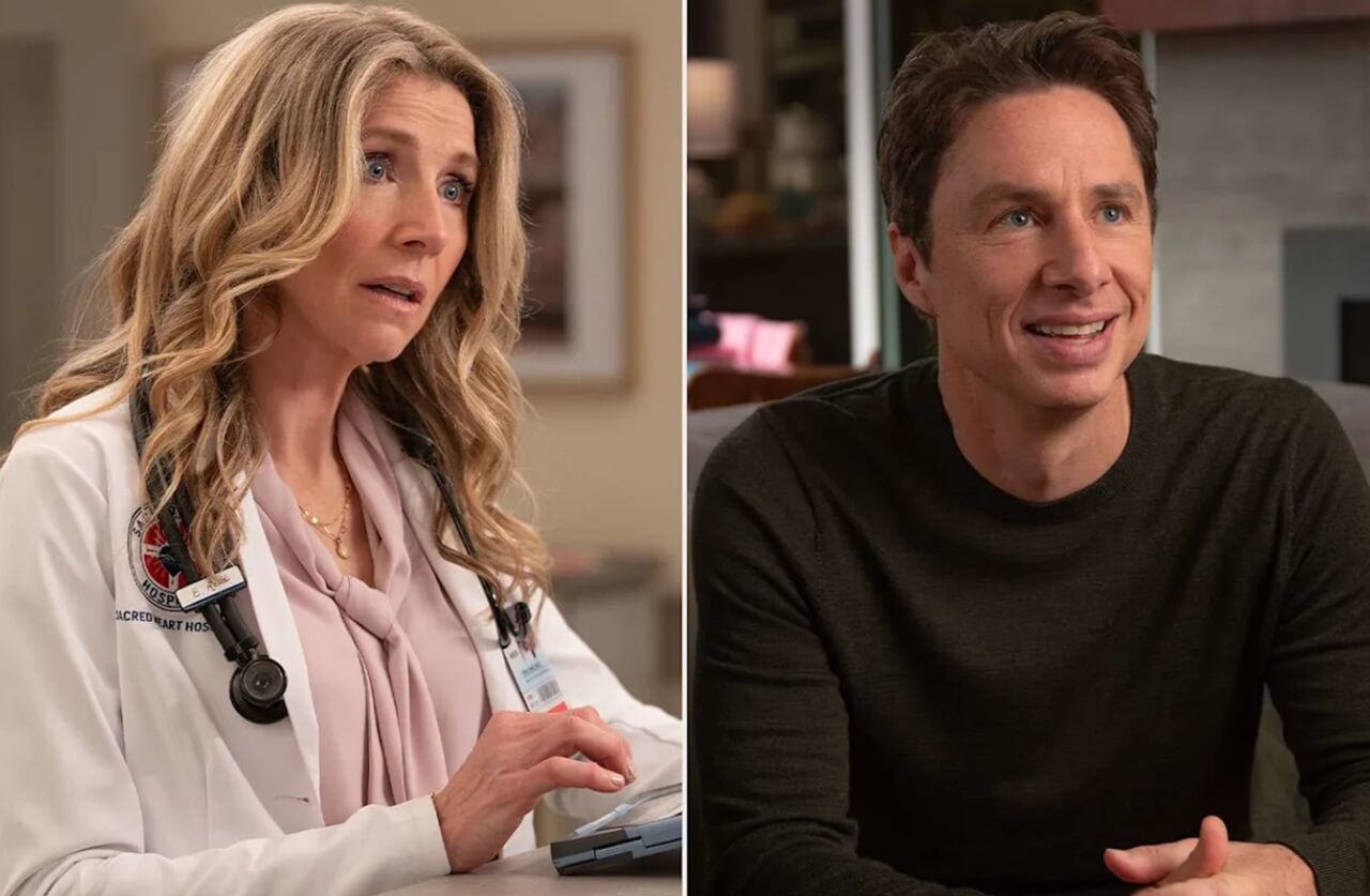 Sarah Chalke and Zach Braff in Scrubs revival, portraying Elliot and J.D. after divorce.