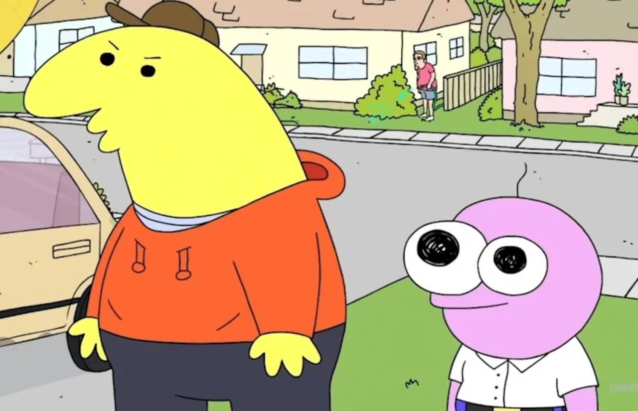 Smiling Friends characters Pim and Charlie in promotional art for Adult Swim series.