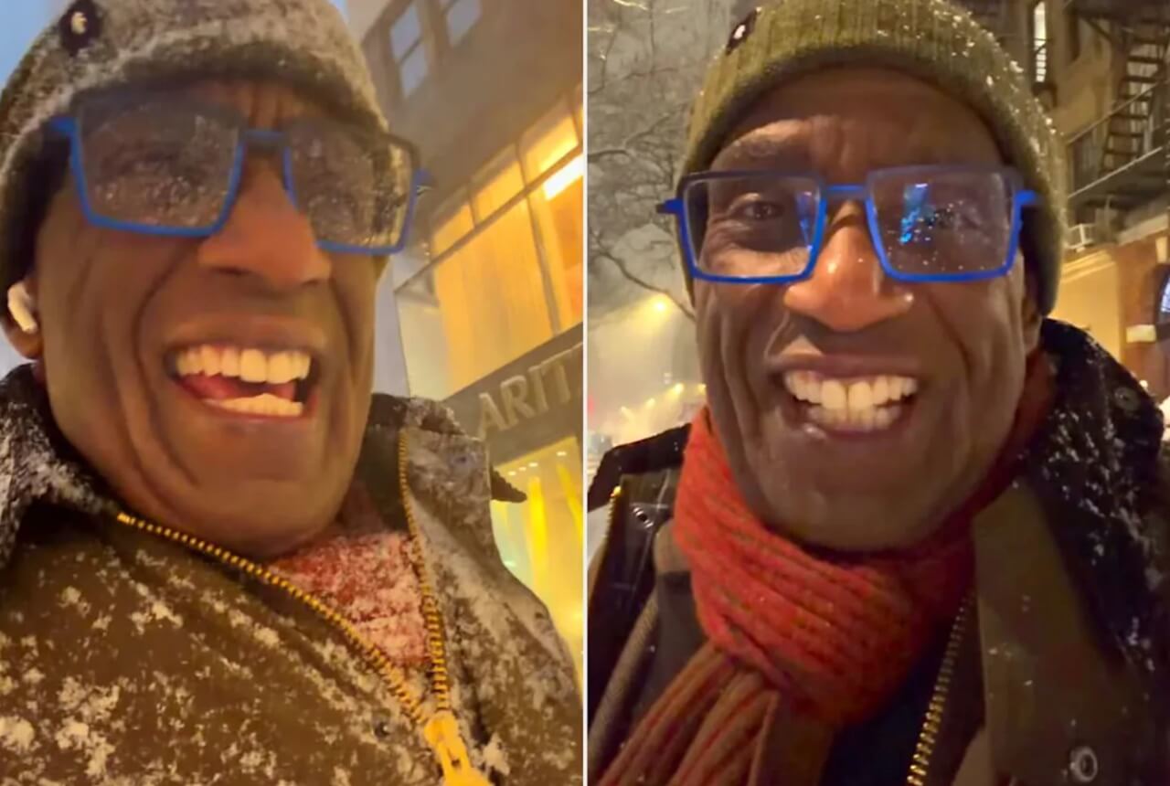 Al Roker walks through snow in Manhattan heading to Today show studio during blizzard.