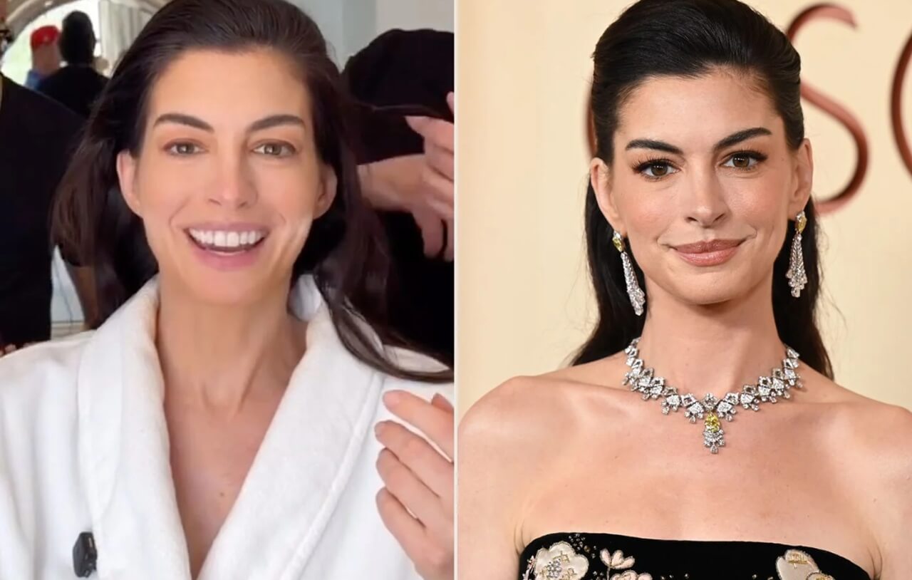 Anne Hathaway reveals free beauty trick for looking awake at 2026 Oscars.