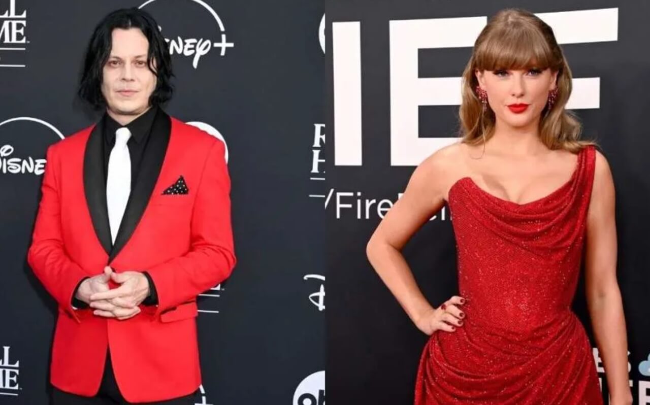 Jack White performing live and Taylor Swift posing at an event.