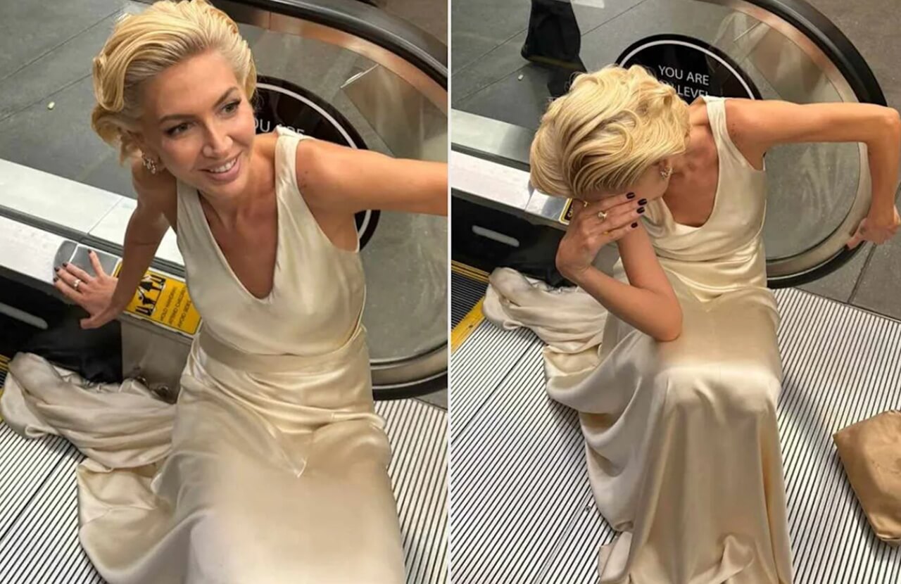 Sabine Getty’s Ralph Lauren gown stuck in escalator at 2026 Oscars.