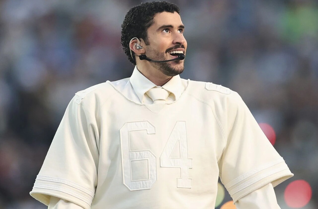 Bad Bunny performing at Super Bowl LX halftime show, inspiring baby’s first words.