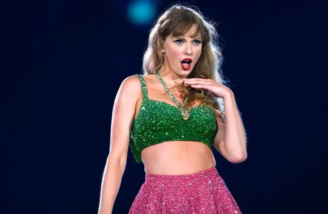 Taylor Swift performing live at Wembley Stadium during The Eras Tour.