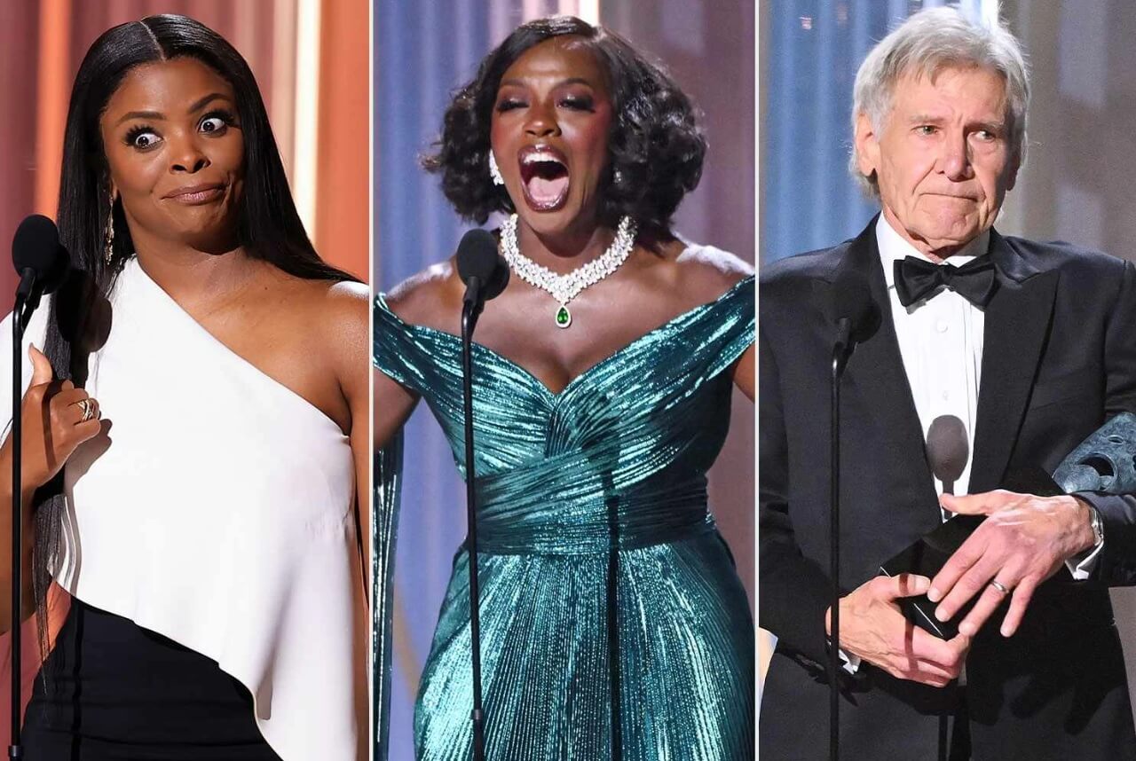 Harrison Ford giving a heartfelt speech at the 2026 Actor Awards.