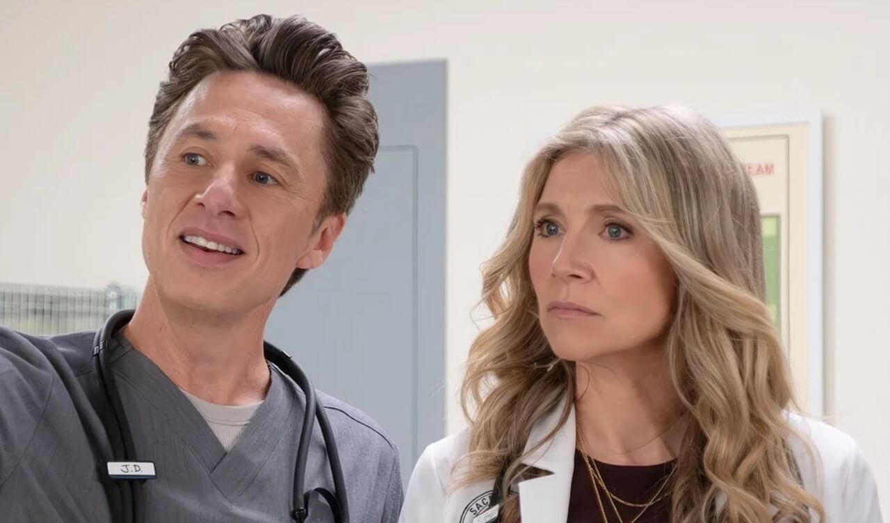 Zach Braff as J.D. in Scrubs revival, interacting with interns at Sacred Heart Hospital.